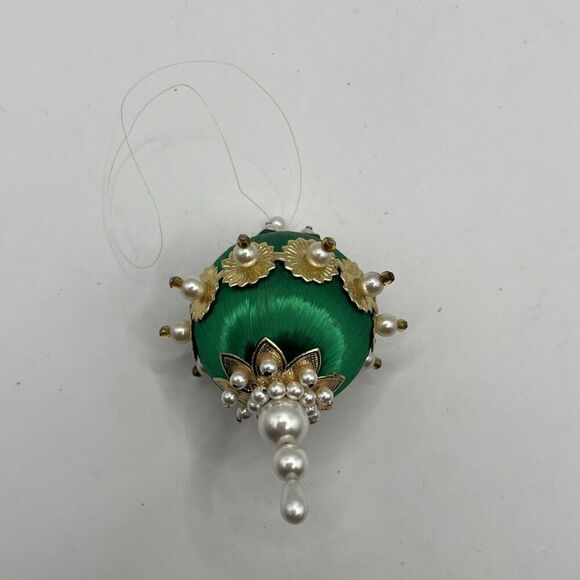 Vintage Handmade Jeweled Beaded Push Pin Green/Gold Pearl Christmas Ornament 3” - Picture 7 of 8